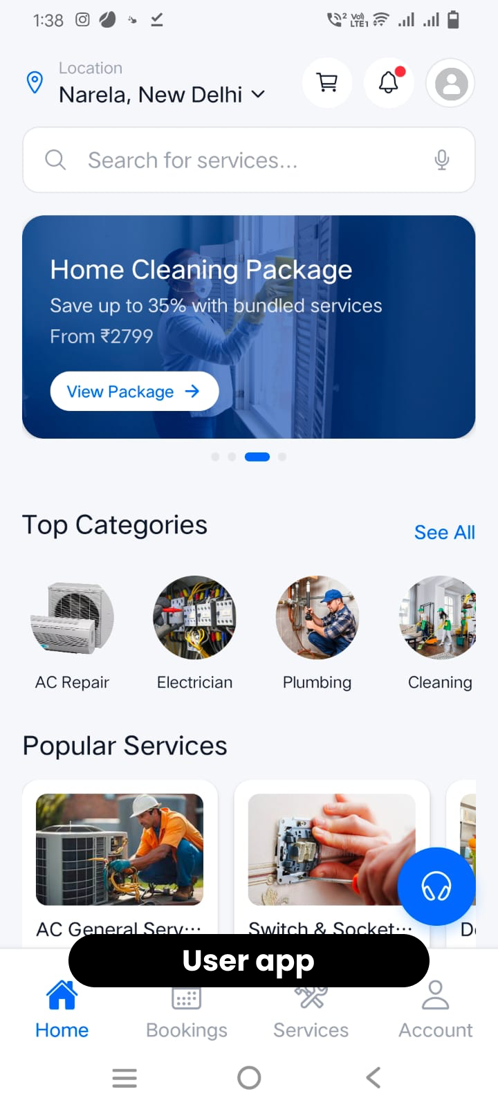 Servicemate User App home screen